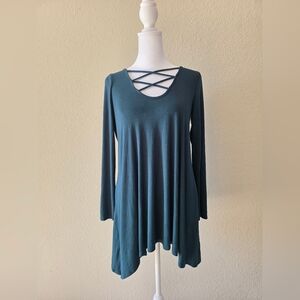 Women's Boho  Dark Green Crisscross Long Sleeve Tunic Top